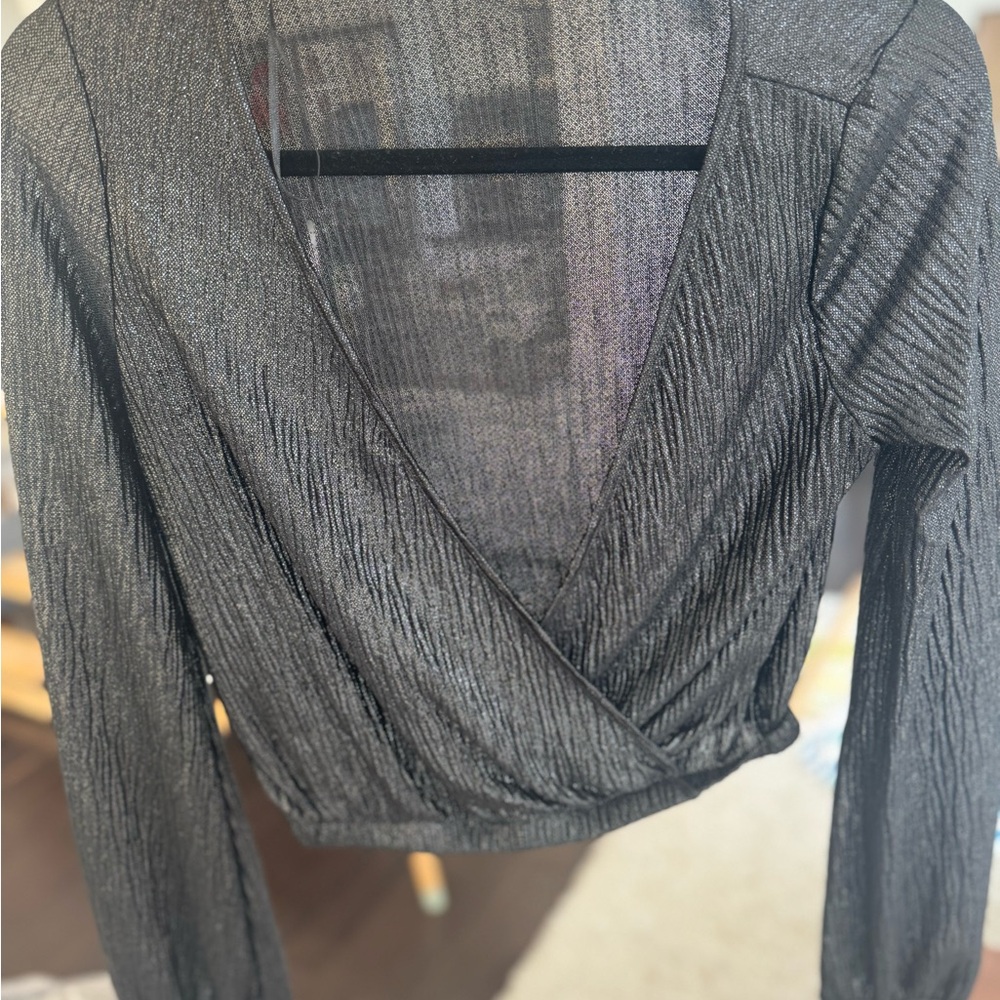 Zara Metallic Gray Wrap Blouse
